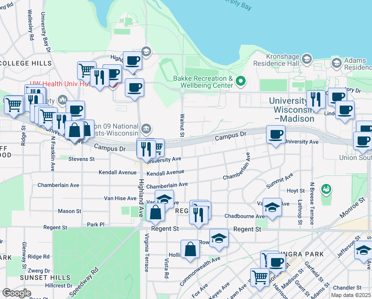 map of restaurants, bars, coffee shops, grocery stores, and more near in Madison