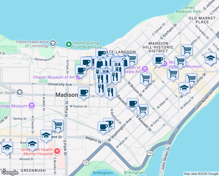map of restaurants, bars, coffee shops, grocery stores, and more near 505 University Avenue in Madison