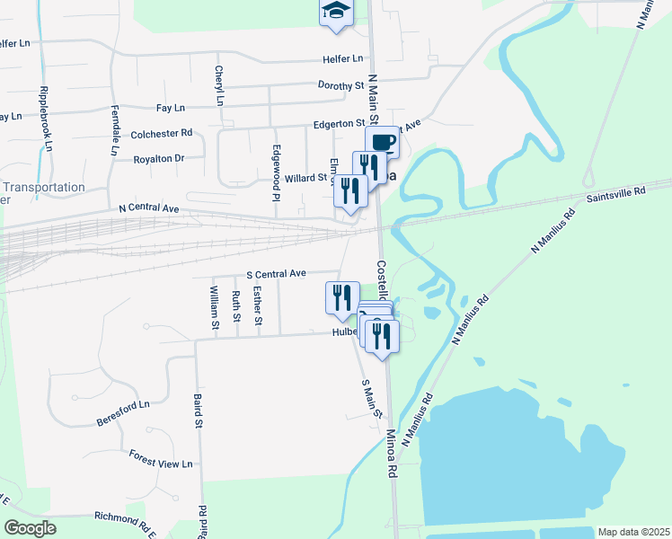 map of restaurants, bars, coffee shops, grocery stores, and more near 207 South Main Street in Minoa