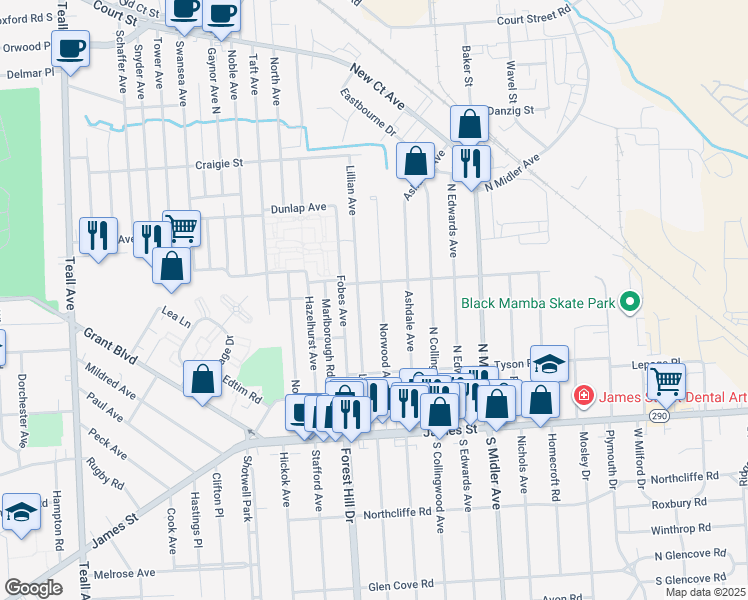 map of restaurants, bars, coffee shops, grocery stores, and more near 265 Norwood Avenue in Syracuse