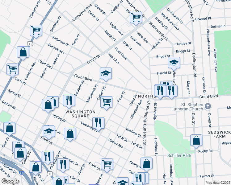 map of restaurants, bars, coffee shops, grocery stores, and more near 1015-21 Pond Street in Syracuse