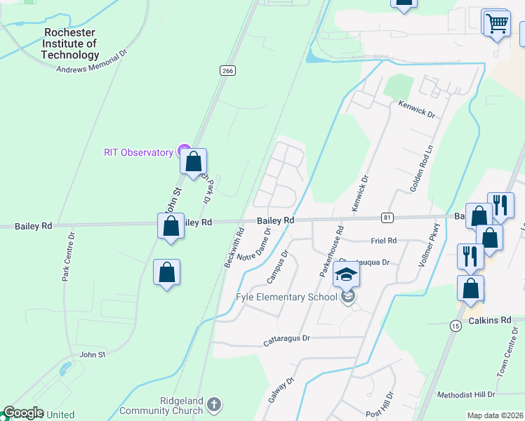 map of restaurants, bars, coffee shops, grocery stores, and more near 635 Bailey Road in West Henrietta