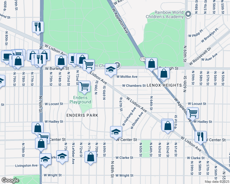 map of restaurants, bars, coffee shops, grocery stores, and more near 2953 North 68th Street in Milwaukee