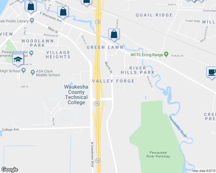 map of restaurants, bars, coffee shops, grocery stores, and more near 349 Morris Street in Pewaukee