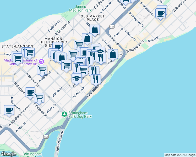 map of restaurants, bars, coffee shops, grocery stores, and more near 5 East Wilson Street in Madison