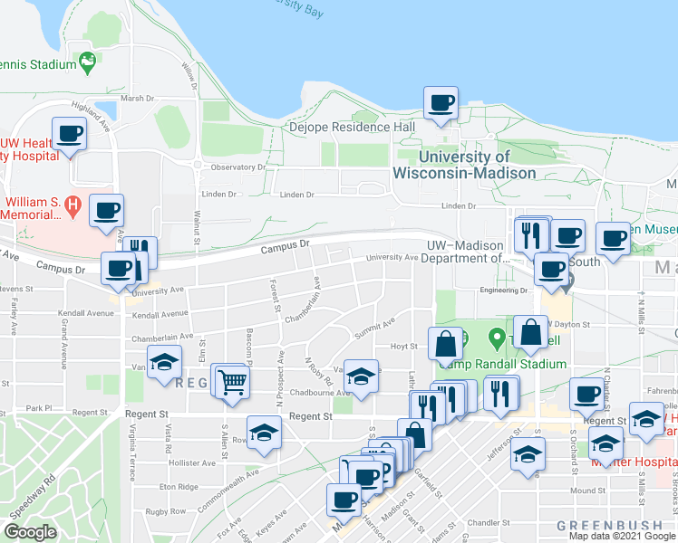 map of restaurants, bars, coffee shops, grocery stores, and more near 1904 Kendall Avenue in Madison