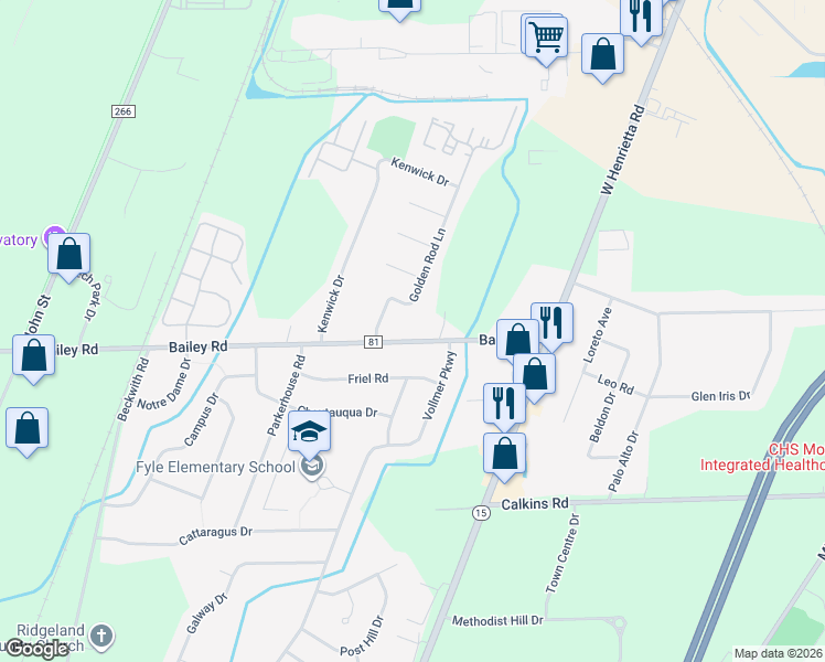 map of restaurants, bars, coffee shops, grocery stores, and more near 806 Bailey Road in West Henrietta