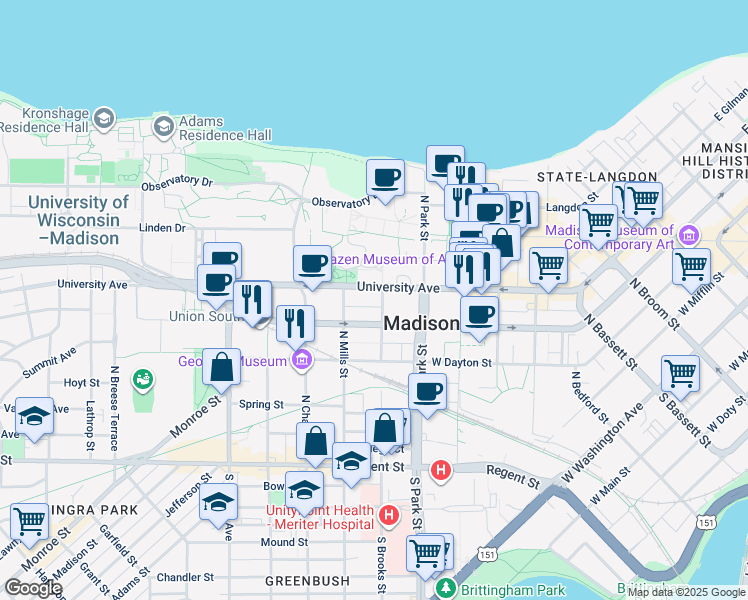 map of restaurants, bars, coffee shops, grocery stores, and more near 1001 University Avenue in Madison