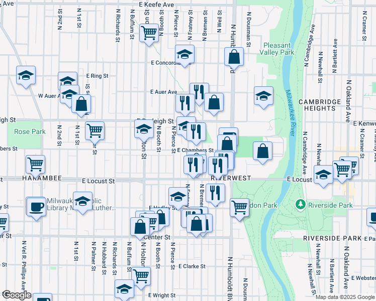 map of restaurants, bars, coffee shops, grocery stores, and more near North Fratney Street & East Chambers Street in Milwaukee