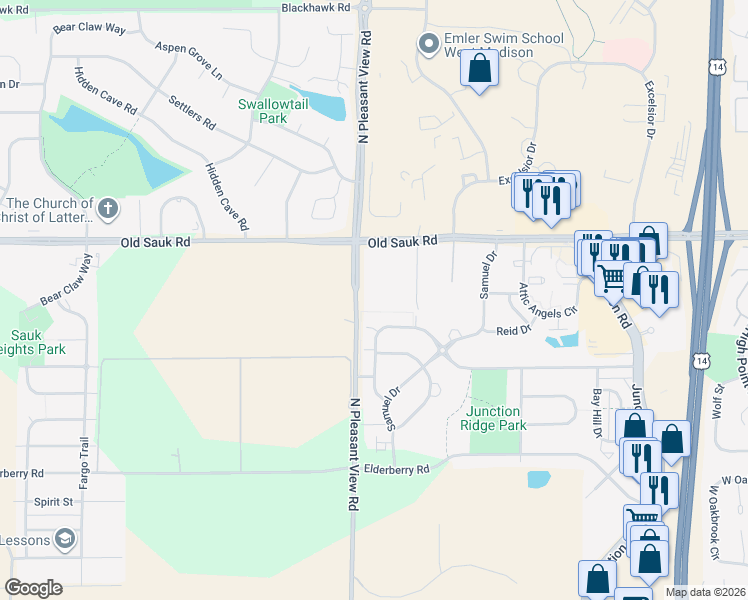 map of restaurants, bars, coffee shops, grocery stores, and more near 625 North Pleasant View Road in Middleton
