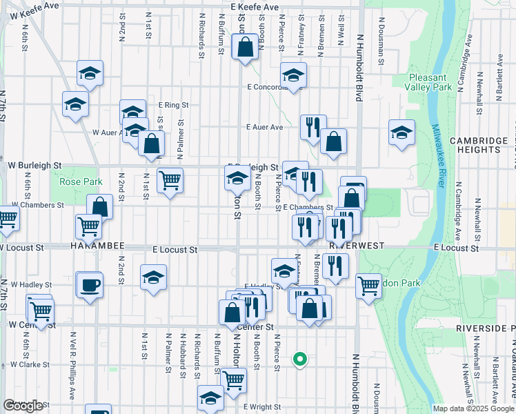 map of restaurants, bars, coffee shops, grocery stores, and more near North Booth Street & East Chambers Street in Milwaukee