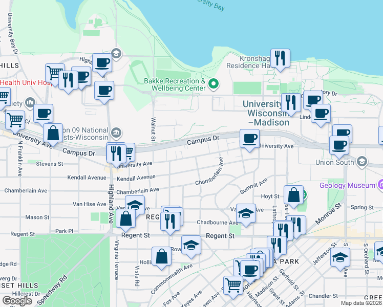map of restaurants, bars, coffee shops, grocery stores, and more near 2104 University Avenue in Madison