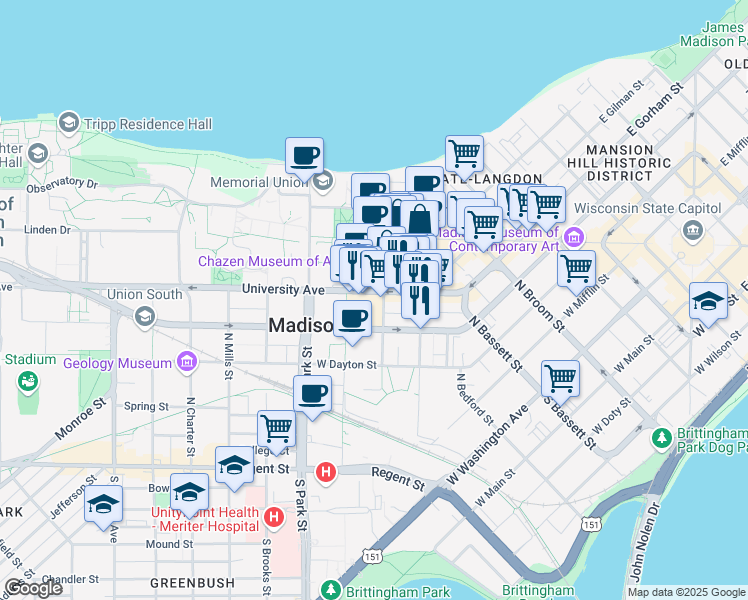 map of restaurants, bars, coffee shops, grocery stores, and more near 333 East Campus Mall in Madison