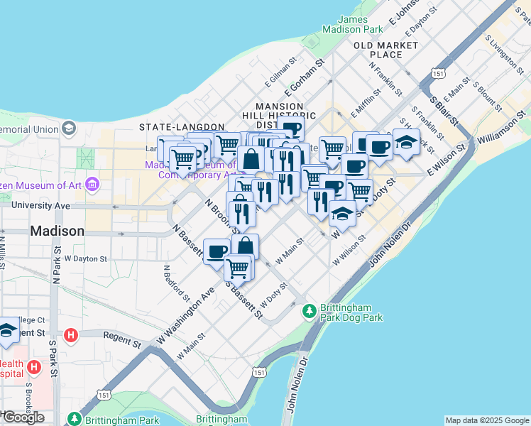map of restaurants, bars, coffee shops, grocery stores, and more near 316 West Washington Avenue in Madison