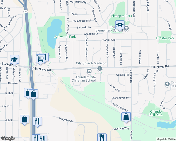 map of restaurants, bars, coffee shops, grocery stores, and more near 4901 East Buckeye Road in Madison