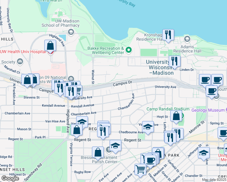 map of restaurants, bars, coffee shops, grocery stores, and more near 2110 University Avenue in Madison