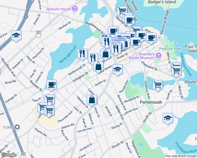 map of restaurants, bars, coffee shops, grocery stores, and more near 119 Summer Street in Portsmouth