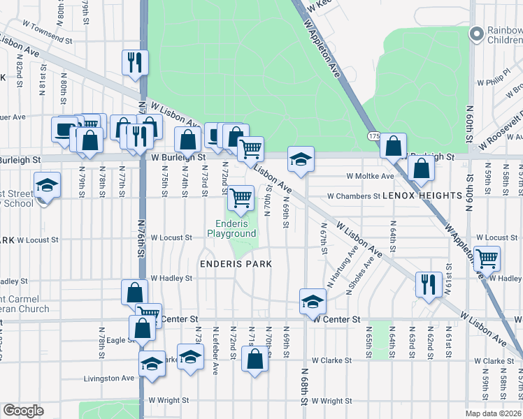 map of restaurants, bars, coffee shops, grocery stores, and more near 2957 North 70th Street in Milwaukee