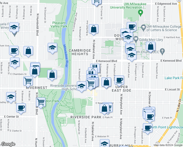 map of restaurants, bars, coffee shops, grocery stores, and more near 1726 East Linnwood Avenue in Milwaukee