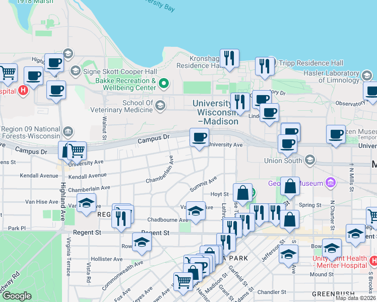 map of restaurants, bars, coffee shops, grocery stores, and more near 1901 University Avenue in Madison