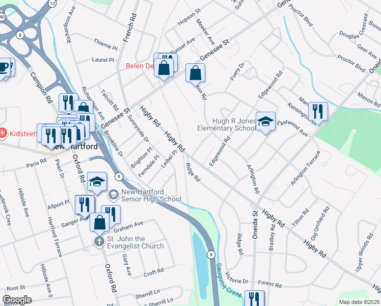 map of restaurants, bars, coffee shops, grocery stores, and more near 100 Higby Road in Utica
