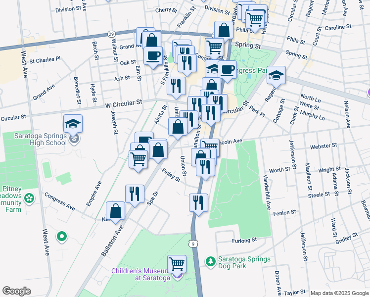 map of restaurants, bars, coffee shops, grocery stores, and more near 131 Hamilton Street in Saratoga Springs