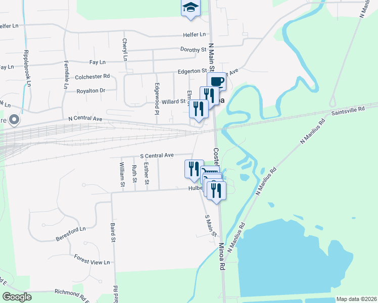 map of restaurants, bars, coffee shops, grocery stores, and more near 115 South Central Avenue in Minoa