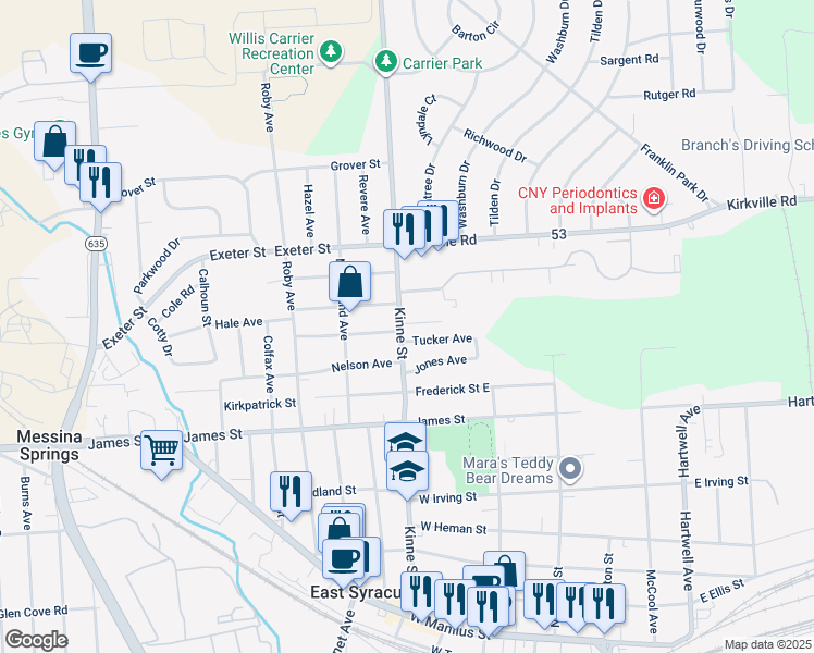 map of restaurants, bars, coffee shops, grocery stores, and more near 424 Kinne Street in East Syracuse