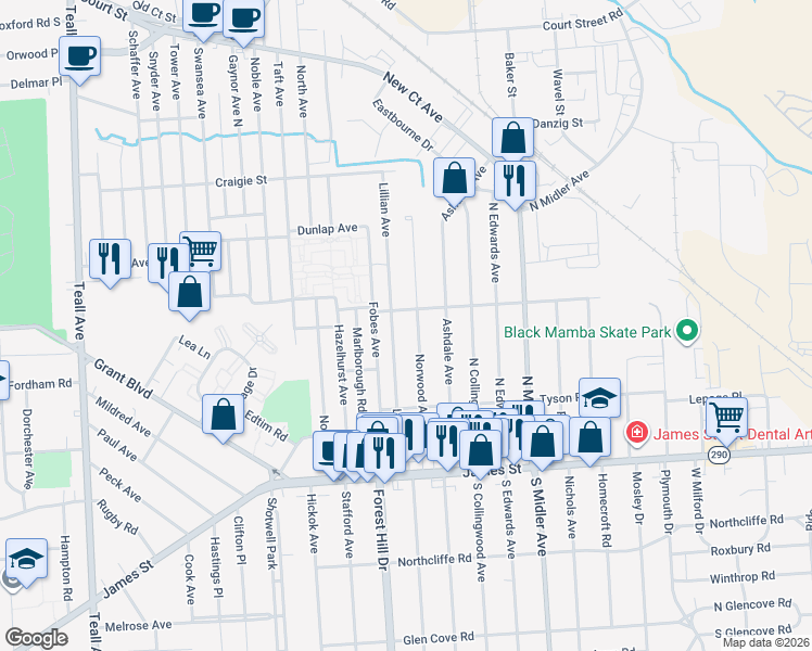 map of restaurants, bars, coffee shops, grocery stores, and more near 265 Norwood Avenue in Syracuse