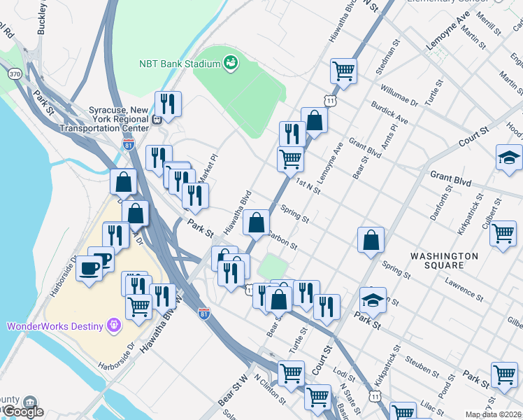 map of restaurants, bars, coffee shops, grocery stores, and more near 1304-06 Carbon Street in Syracuse