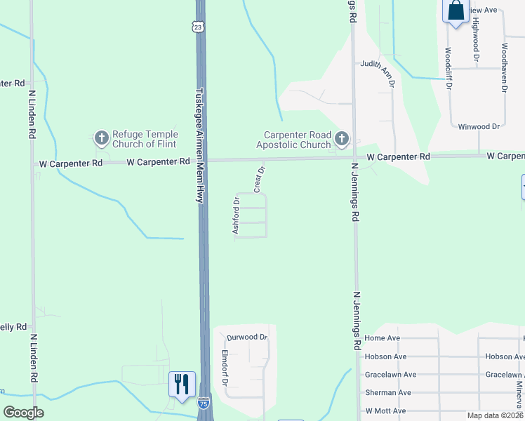 map of restaurants, bars, coffee shops, grocery stores, and more near 9 Birch Crest Drive in Flint