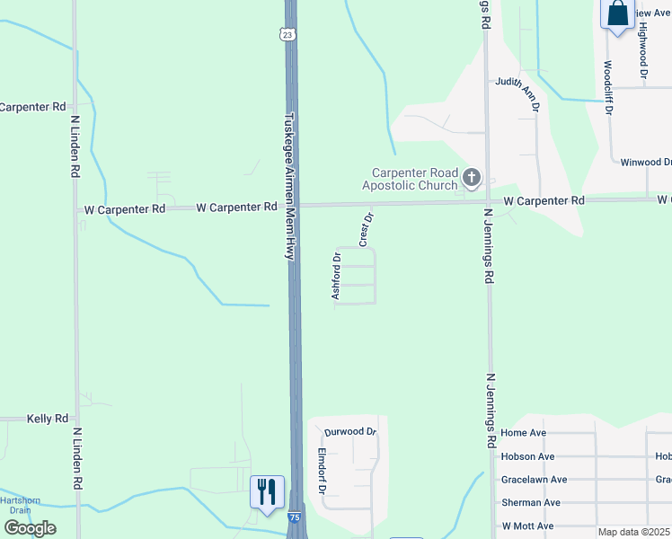 map of restaurants, bars, coffee shops, grocery stores, and more near 129 Pine Bluff in Flint