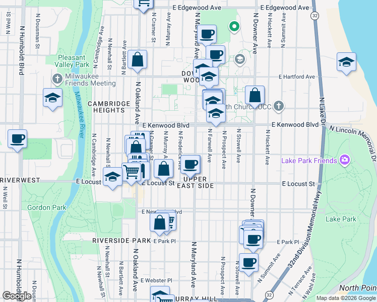 map of restaurants, bars, coffee shops, grocery stores, and more near 2971 North Maryland Avenue in Milwaukee