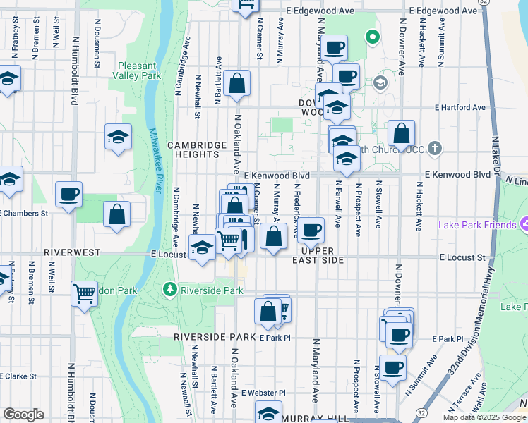 map of restaurants, bars, coffee shops, grocery stores, and more near 2966 North Cramer Street in Milwaukee
