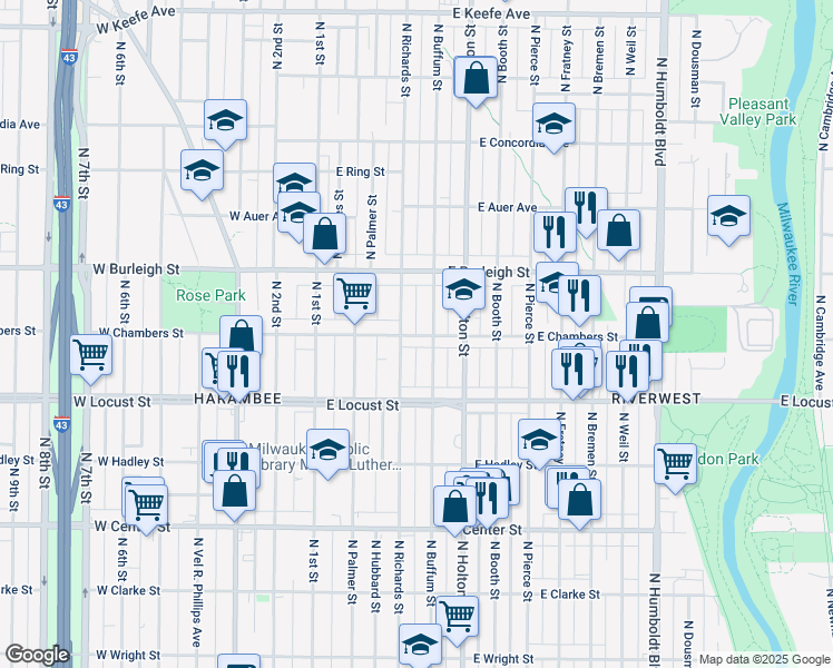 map of restaurants, bars, coffee shops, grocery stores, and more near 2964 North Richards Street in Milwaukee