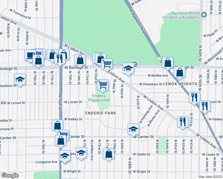 map of restaurants, bars, coffee shops, grocery stores, and more near 2957 North 70th Street in Milwaukee