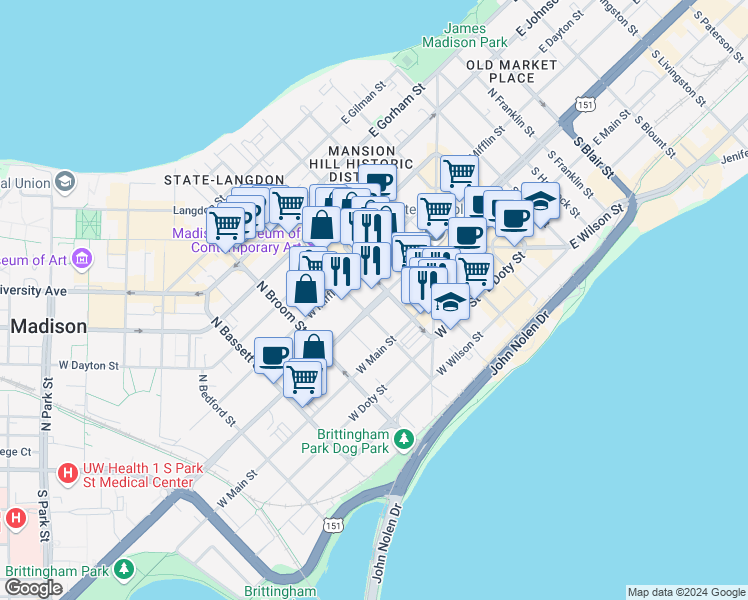 map of restaurants, bars, coffee shops, grocery stores, and more near 31 South Henry Street in Madison