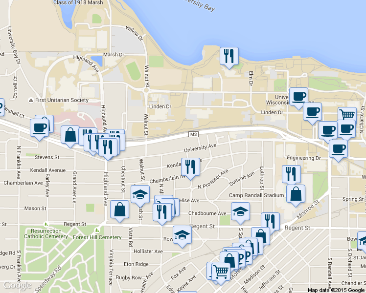 map of restaurants, bars, coffee shops, grocery stores, and more near 2121 University Avenue in Madison