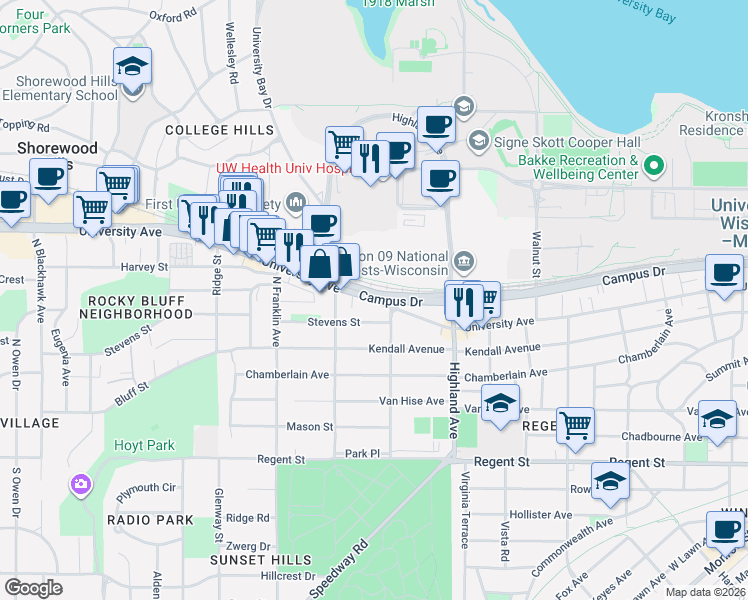 map of restaurants, bars, coffee shops, grocery stores, and more near 2601 University Avenue in Madison