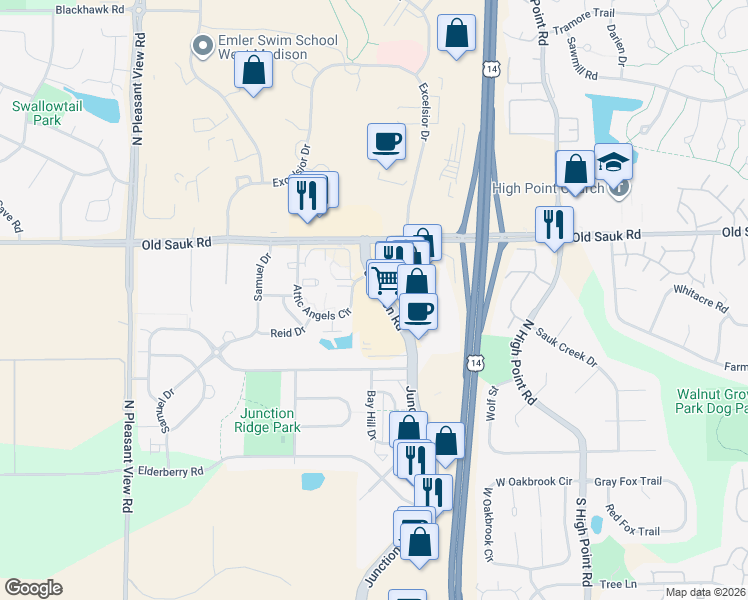 map of restaurants, bars, coffee shops, grocery stores, and more near 550 Junction Road in Madison
