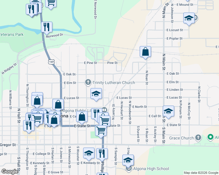 map of restaurants, bars, coffee shops, grocery stores, and more near 391-399 Universal Diagonal Street in Algona