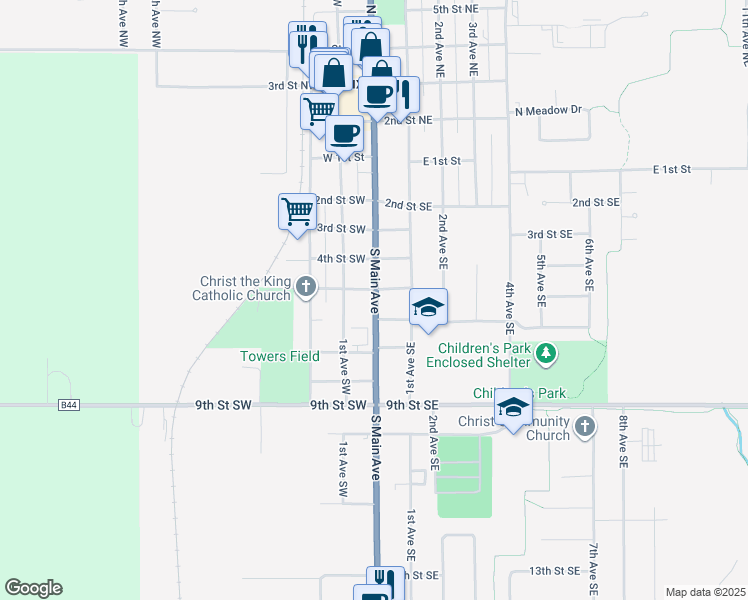 map of restaurants, bars, coffee shops, grocery stores, and more near 605 South Main Avenue in Sioux Center