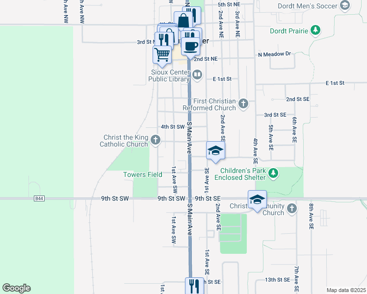 map of restaurants, bars, coffee shops, grocery stores, and more near 605 South Main Avenue in Sioux Center