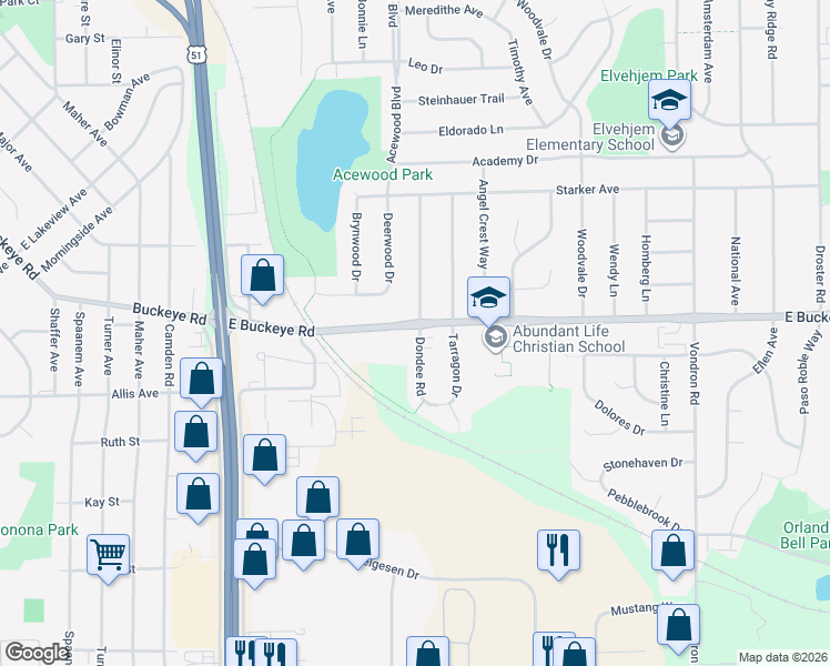 map of restaurants, bars, coffee shops, grocery stores, and more near 1818 Dondee Road in Madison