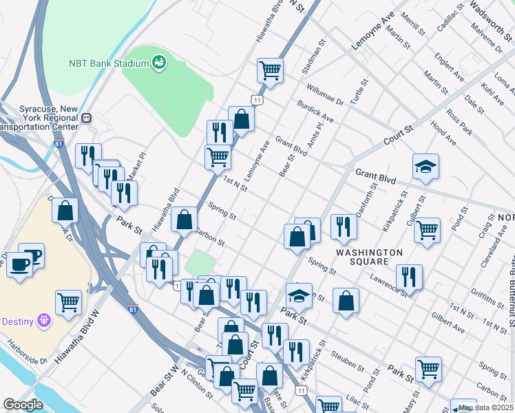 map of restaurants, bars, coffee shops, grocery stores, and more near 605 Bear Street in Syracuse