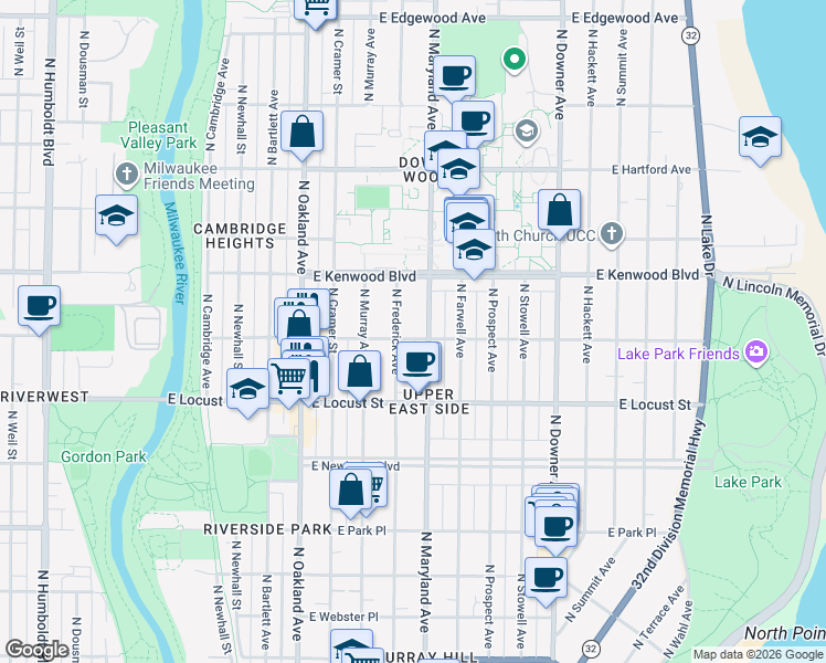 map of restaurants, bars, coffee shops, grocery stores, and more near 2971 North Maryland Avenue in Milwaukee