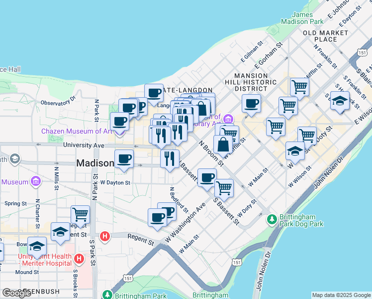 map of restaurants, bars, coffee shops, grocery stores, and more near 430 West Johnson Street in Madison