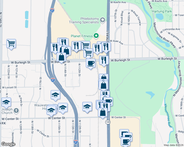 map of restaurants, bars, coffee shops, grocery stores, and more near 11111 West Burleigh Street in Wauwatosa