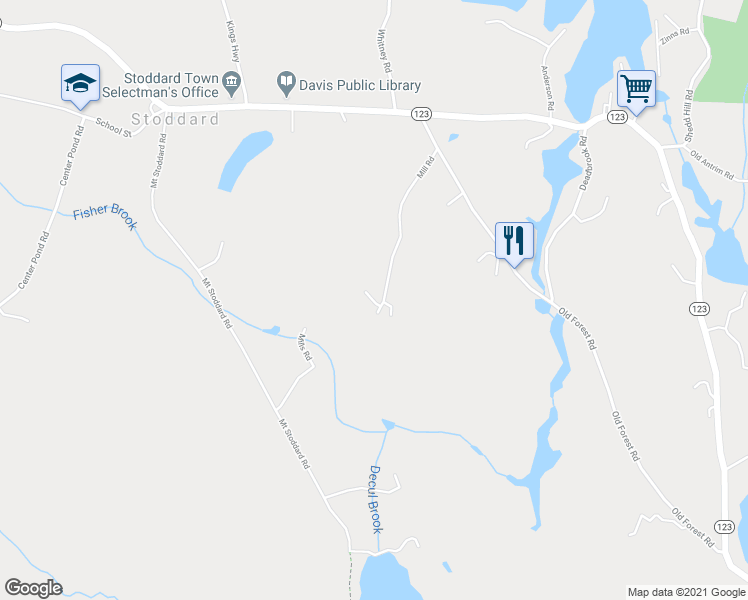 map of restaurants, bars, coffee shops, grocery stores, and more near 250 Mills Road in Stoddard