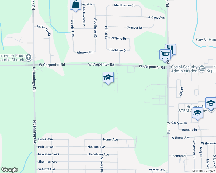 map of restaurants, bars, coffee shops, grocery stores, and more near 3223 West Carpenter Road in Flint